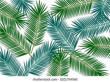 Tropical palm leaves lie seamlessly over a white backdrop, creating a vibrant and natural composition in green and blue tones. Perfect for nature-related themes and tropical-style designs.