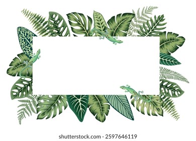 Tropical palm leaves, lizard botanical frame. Exotic jungle banner.	