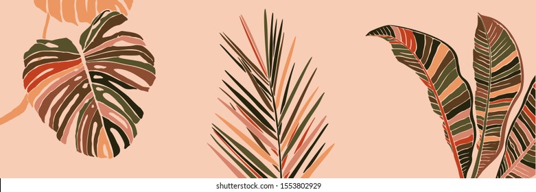 Tropical Palm Leaves in a minimalist trendy style. Silhouette of a plant banana, monstera and Dypsis in a contemporary simple abstract style on pink background. Vector illustration collage.