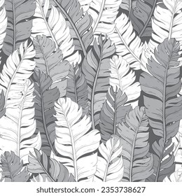 Tropical palm leaves monochrome pattern, jungle leaf seamless vector floral pattern background