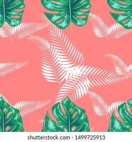 Tropical palm leaves, monstera, jungle leaf seamless floral summer pattern background