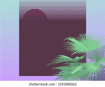 Tropical palm leaves nostalgic retro - vaporwave illustration pastel background