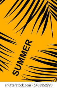 Tropical palm leaves on orange background. Summer concept. Vector illustration.