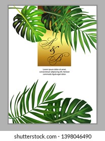 Tropical palm leaves on a wedding card. Summer price tag, big discount, sale, greeting card, cosmetics label, background for holidays: Birthday, party