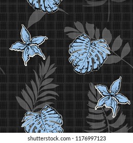 Tropical palm and leaves , orchid flowers on hand drawn grid texture design for fashion ,fabric,and all prints on dark grey background color