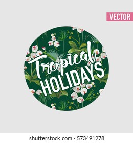 Tropical Palm Leaves and Orchid Flowers Background.  Graphic Tshirt Design in Vector