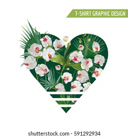 Tropical Palm Leaves and Orchid Flowers Heart Background.  Graphic T shirt Design in Vector