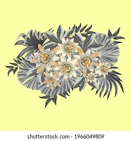 Tropical palm leaves, passiflora, jungle leaves seamless vector floral pattern background.