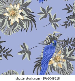 Tropical palm leaves, passiflora, jungle leaves blue macaw seamless vector floral pattern background.