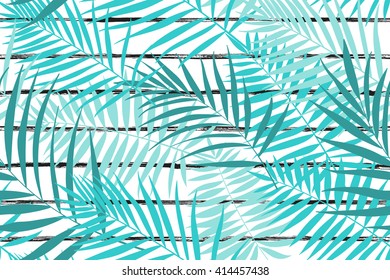 Tropical palm leaves pattern on striped background seamless pattern. Summer time print tile. Trendy vector illustration.
