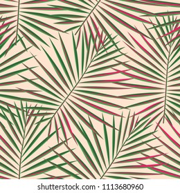 Tropical palm leaves pattern seamless background. Exotic fashion trendy floral foliage pattern. Seamless beautiful botany palm tree summer decoration design.Vector pattern print for swimwear wrapping