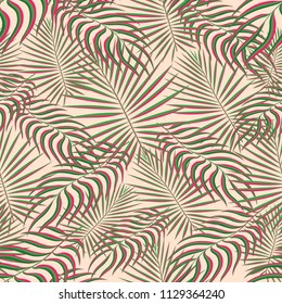 Tropical palm leaves pattern seamless background. Exotic floral fashion foliage art pattern. Seamless beautiful botany palm tree summer decoration design. Print pattern for textile swimwear. Vector