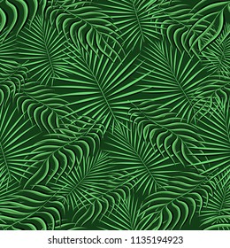 Tropical palm leaves pattern seamless background. Exotic floral fashion foliage art pattern. Seamless beautiful botany palm tree summer decoration design. Print pattern for textile swimwear. Vector