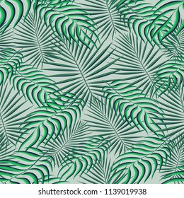 Tropical palm leaves pattern seamless background. Exotic floral fashion foliage art pattern. Seamless beautiful botany palm tree summer decoration design. Print pattern for textile swimwear. Vector