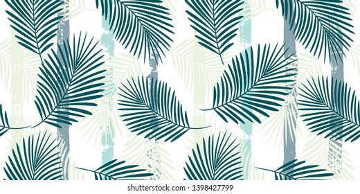 Tropical palm leaves pattern, seamless vector floral background. Exotic plant on stripes print illustration. Summer nature jungle print.