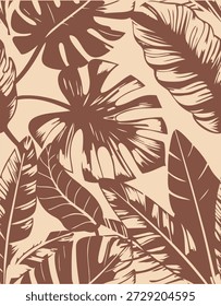Tropical palm leaves pattern. Seamless Tropical Leaf Pattern Featuring Monstera and Palm Leaves in Beige and Brown