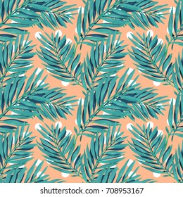 Tropical palm leaves pattern. Trendy print design with abstract jungle foliage. Exotic seamless background. Vector illustration