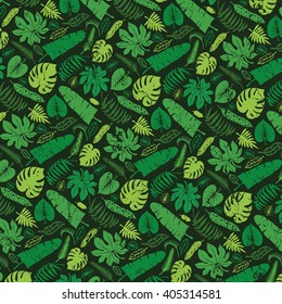 Tropical palm leaves pattern.Vector Green leaf Silhouette background.Monstera leaves.Tree branches.Exotic graphic illustration.Summer