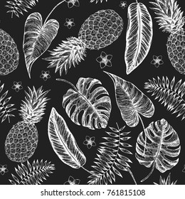 Tropical palm leaves and pineapple seamless pattern. Vector illustration leaves of palm. Jungle pattern. Print on cloth template.