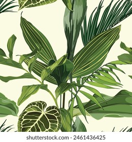 Tropical palm leaves, plant, floral seamless border, vintage background. Exotic  jungle wallpaper.