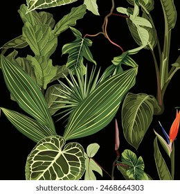 Tropical palm leaves, plant, floral seamless border, vintage black background. Exotic  jungle wallpaper.