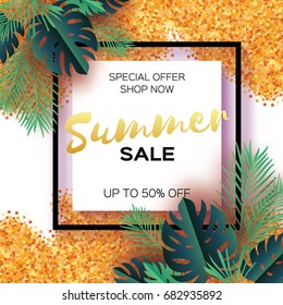 Tropical palm leaves, plants. Trendy Summer Sale Template banner. Paper cut art Exotic. Hawaiian. Text. Square frame. Green jungle floral background with gold glitter. Monstera. Vector