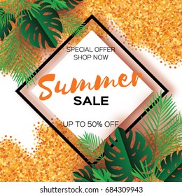 Tropical palm leaves, plants. Trendy Summer Sale Template banner. Paper cut art Exotic. Hawaiian. Text. Rhombus frame. Green jungle floral background with gold glitter. Monstera. Vector