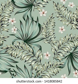 Tropical palm leaves, plumeria flowers, gray green background. Vector seamless pattern. Jungle foliage illustration. Exotic plants. Summer beach floral design. Paradise nature