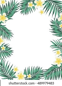 Tropical palm leaves and plumeria flowers. Rectangular border frame element. Card template. White background.