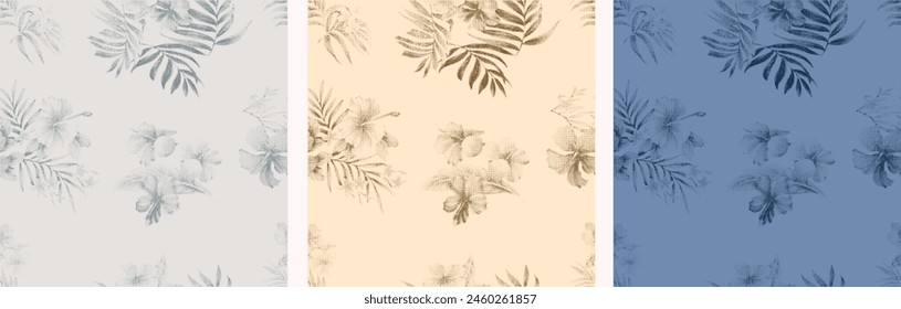 Tropical Palm leaves, seamless background pattern. Vintage Palm leaves tropical fabric design. Retro Monotone Tone in Tone Tropical palm trees and flowers silhouettes