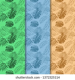 tropical palm leaves seamless floral pattern hand drawn sketch set of three