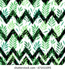 Tropical palm leaves, seamless foliage pattern. Vector illustration. Jungle palm tree background. Green tropical palm leaves on black and white chevron background.