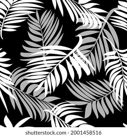 Tropical palm leaves. Seamless modern pattern with exotic plants for textiles, fashionable fabrics, bed linen, decorative pillows, photo wallpaper, interior design. White and black. Vector.