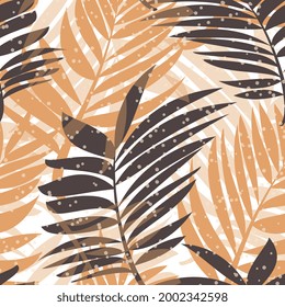 Tropical palm leaves. Seamless modern pattern with exotic plants for textiles, fashionable fabrics, bed linen, decorative pillows, photo wallpaper, interior design. Beige and black. Vector.