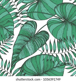 Tropical palm leaves seamless pattern. Vector illustration leaves of palm. Jungle pattern. Print on cloth template.