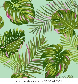 Tropical Palm Leaves Seamless Pattern. Watercolor Floral Background. Exotic Botanical Design for Fabric, Textile, Wallpaper, Wrapping Paper. Vector illustration