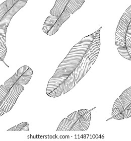 Tropical palm leaves seamless pattern. Black lines on white background. Vector illustration.