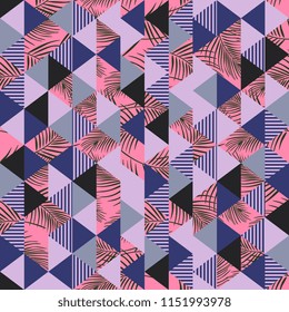 Tropical palm leaves seamless pattern with triangle abstract