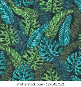 Tropical palm leaves seamless pattern. Vector illustration leaves of palm. Jungle pattern. Print on cloth template. Beautiful design for textiles. 