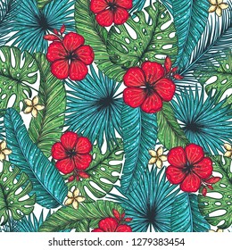Tropical palm leaves seamless pattern. Vector illustration leaves of palm. Hibiscus pattern. Jungle pattern. Print on cloth template. Beautiful design for textiles. 