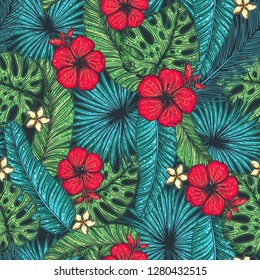 Tropical palm leaves seamless pattern. Vector illustration leaves of palm. Hibiscus pattern. Jungle pattern. Print on cloth template. Beautiful design for textiles. 