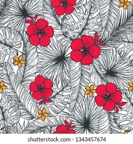 Tropical palm leaves seamless pattern. Vector illustration leaves of palm. Hibiscus pattern. Jungle pattern. Print on cloth template. Beautiful design for textiles.
