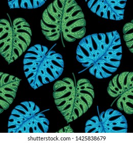 Tropical palm leaves seamless pattern. Vector illustration leaves of palm. Jungle pattern. Print on cloth template.