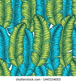 Tropical palm leaves seamless pattern. Bright background. Hand drawn leaves of palm pattern. Jungle seamless background. 