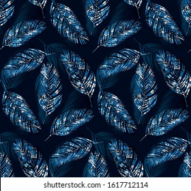 Tropical palm leaves seamless pattern, classic blue color, marbling effect, vector illustration, fashion, interior, wrapping, EPS10 Illustration