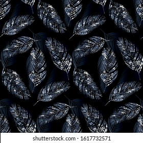 Tropical palm leaves seamless pattern, navy blazer color, marbling effect, black background, vector illustration, fashion, interior, wrapping, EPS10 Illustration