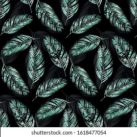 Tropical palm leaves seamless pattern, aqua menthe color, marbling effect, black background, vector illustration, fashion, interior, wrapping. EPS10 Illustration