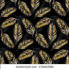 Hojas tropicales de palmera sin costura, color dorado, efecto de casquillo, fondo negro, ilustración vectorial, moda, interior, envoltura