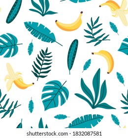 Hojas tropicales de palma Patrón de Seamless. Hojas de plátano y plátanos sobre fondo blanco. Diseñar un elemento de doodle artístico para tarjeta, impresión, plantilla, papel pintado. Papel o tela envuelto. 
