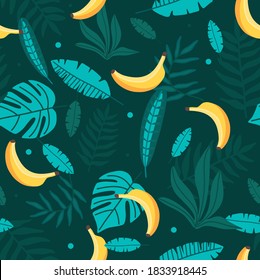 Tropische Palmenblätter Nahtlose Muster. Bananenblätter und Bananen auf weißem Hintergrund. Design künstlerisches Doodle-Element für Karte, Druck, Vorlage, Bildschirmhintergrund. Schleifpapier oder -gewebe 